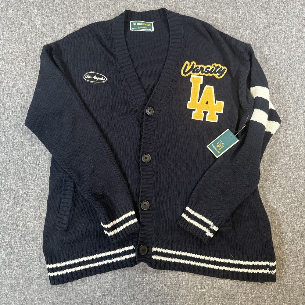 Urban Heritage Varsity LA Cardigan Sweater‎ Mens Small Navy Button Knit NWT